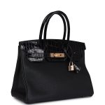 Hermes Birkin 30 Black Shiny Niloticus Crocodile and Togo Touch Rose Gold Hardware - Image 2