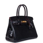 Hermes Birkin 30 Bleu Marine and Rouge H Contour Shiny Porosus Crocodile Gold Hardware - Image 2