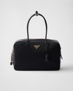 Large Re-Nylon and Leather Top-Handle Bag With Padlock