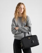 Large Re-Nylon and Leather Top-Handle Bag With Padlock - Image 6