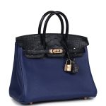 Hermes Birkin 25 Bleu Saphir Taurillion Novillo and Bleu Marine Matte Alligator Touch Rose Gold Hardware - Image 2